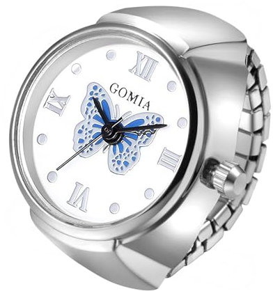 JewelryWe Ringuhr Fingeruhr Elastisch Schmetterling - Damen Analog Quarz Fingerringuhr Ring Uhr Uhrenring mit Blau Schmetterling Römischen Ziffern Zifferblatt und Silber Legierung Elastisch Band
