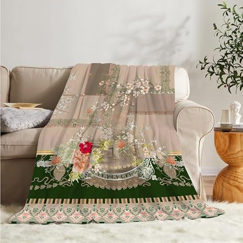 Flanell Fleecedecke Kuscheldecke Retro-Blumenmuster 150x200 Große, Chinesische ästhetik Sofa Decke Weiche mit Motiv, Microfaser Wohndecke Plaid Decke Wohnzimmer Couch