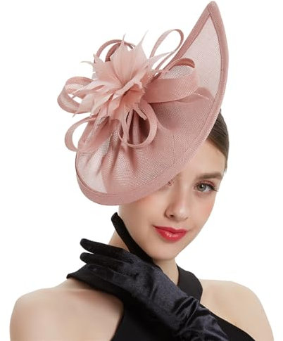 Brawlady Sinamay Fascinator Hat with Top Flower, Women Feather Pillbox Headwear, Tear Drop Shape Church Wedding Derby Cocktail Tea Party Headpiece Pink