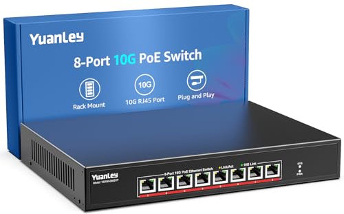 YuanLey Switch Poe 10G Non Gestito a 8 Porte, 8 Porte Poe 10G Base-T, IEEE802.3af/at, 110W di Alimentazione Integrata, Compatibile con 1G/2.5G/5G/10G, Switch di Rete 10Gbe con Montaggio a Rack
