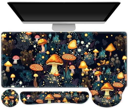 Gaming Mouse Pad, Large Desk Mat Cute Desk Pad Protector, 4in1 XXL Mousepad | + Keyboard Wrist Rest+Mouse Wrist Rest+Coaster Set with Ergonomic Desk Pad for Home Office Table Computer, Lovely Mushroom