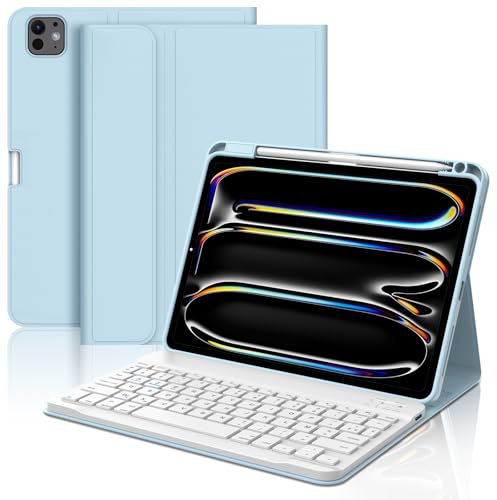 Coque Clavier iPad Pro 11 Pouces 2024, Étui Clavier Détachable sans Fil Bluetooth AZERTY avec Porte-Stylet pour iPad Pro 11 M4 2024, Bleu Ciel
