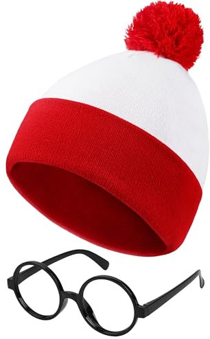 FancyFun Halloween Costume Red White Knit Beanie Hat with Pompoms Nerd No Lenses Glasses for Men and Women, Color a, One Size