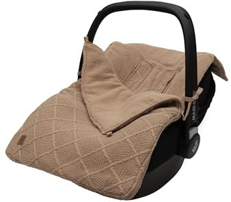 Jollein Fußsack Check Knit, Biscuit - Für Babyschale Kinderautositz Gruppe 0+ und Kinderwagen - Für 3-Punkt- und 5-Punkt-Gurt - Strickmuster und Fleece Futter