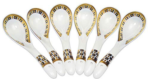 OWOHYG Cuchara de Sopa asiática de 6 Piezas, Cuchara de Sopa China Tangshan, Cuchara de Sopa de Porcelana de Estilo Europeo con Relieve Dorado, vajilla de Porcelana China
