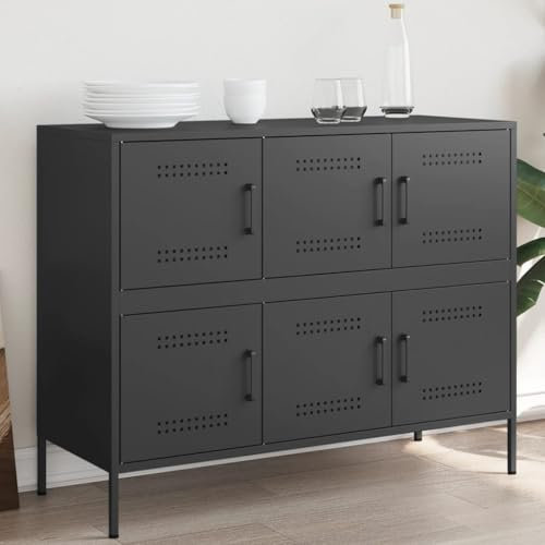 IKAYAA Metallschrank Schwarz Wohnzimmerschrank 100,5 x 39 x 79 cm Sideboard aus Metall Beistellschrank Aktenschrank Werkstattschrank Metall Kommode für Wohnzimmer