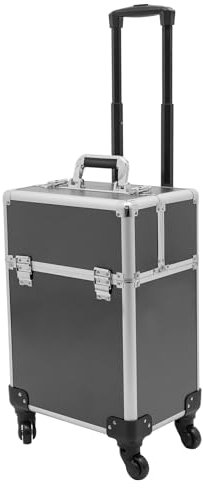 Rachel, valigetta per il trucco in alluminio, con 4 ruote estraibili, cassetto, parrucchieri truccatori, nero, moderno