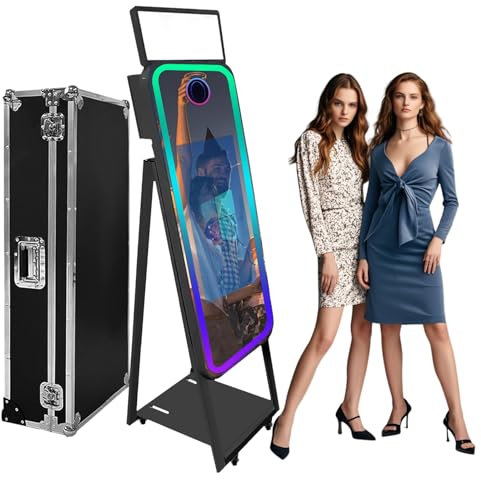 Photomaton magique à miroir avec étui de vol, appareil photo portable à écran tactile avec anneau lumineux, cadre LED RVB pour événements, location, mariages, fêtes (noir + style B, appareil