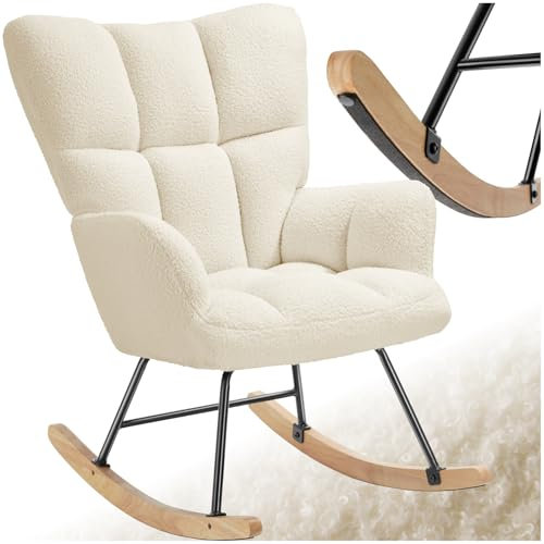 tectake® Skandi Schaukelstuhl, Sessel Wohnzimmer, Relaxsessel, Wohnzimmer Möbel Ohrensessel Vintage Look, Lesesessel, Schaukelsessel, Rocking Chair Babyzimmer, Schlafzimmer - Bouclé, beige