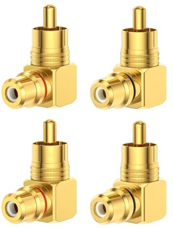 Pack de 4 Adaptadores RCA 90 Grados, RCA en Ángulo Rectos, L Tipo Conector Chapado en Oro Macho a Hembra, para Instalaciones Ajustadas, Compatible con Subwoofers/Barras de Sonido/TV/Receptores A/V