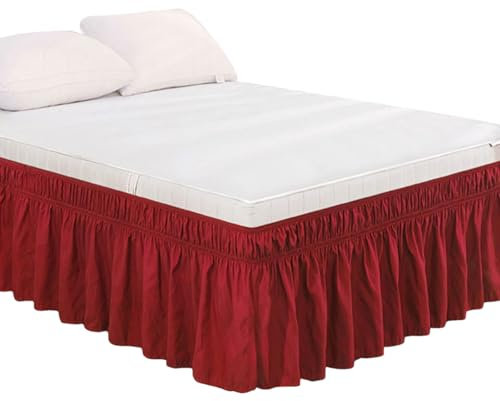 Cache-sommier enveloppant pour lit double, tour de lit Queen size (rouge vin, grand lit)