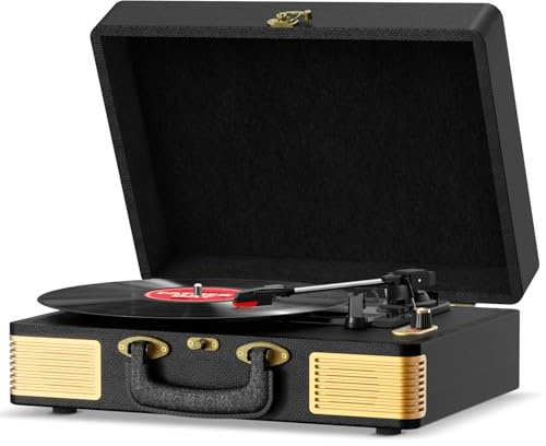 Plattenspieler, FYDEE Bluetooth Schallplattenspieler mit Lautsprecher, 3 Geschwindigkeiten (33/45/78 RPM), Tragbarer Vinyl Player, RCA Anschlüsse, 3.5mm Kopfhöreranschluss, Tiefschwarz