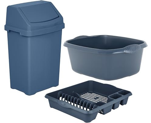 TENLITE 3-Piece Kitchen Set – 50L Swing Bin, Large Dish Drainer & 39CM Rectangular Washing Up Bowl – Durable Plastic for Home, Office, Utility Room & Garden Use - Made in UK - (Navy)