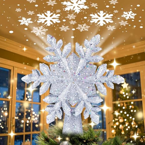 Christmas Tree Topper Snowflake Projector Silver Snowflake Projector Christmas Tree Topper for Indoor Office Xmas New Year Holiday (3M Cable with UK Adapter, 5.0V 0.3A)