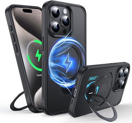 FNDMIL 360° Rotatable Magnetic Ring for iPhone 15 Pro Case with MagSafe | [Non-slip Texture Edge][Built-in Kickstand][Military Shockproof] Translucent Matte Soft Silicone Bumper Slim,Black