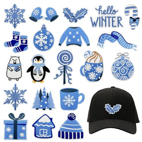 URROMA Christmas Iron on Patches,Winter Blue Mixed Embroidered Iron on/Sew on Patches Xmas Themed Applique for Clothes Hat Jeans DIY Accessories