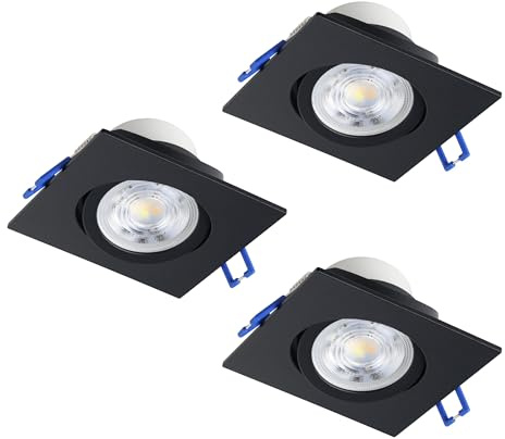 EGLO 3er Set Einbaustrahler Saliceto, dimmbare Deckenspots | Deckenstrahler quadratisch aus Aluminium in Schwarz, warmweiß, 8,8 x 8,8 cm