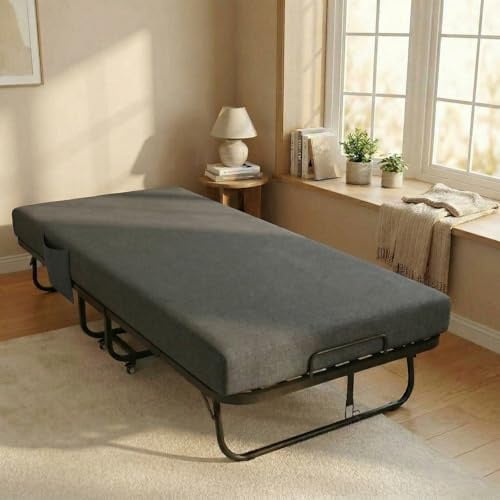 VOWNER Klappbett 90x200 cm, Stabiles Gästebett mit 13 cm Premium Matratze | Klappbar Reisebett mit Metallbettrahmen und Rollen, inkl. Schutzhülle und Aufbewahrungstasche, 200kg belastbar, Dunkelgrau