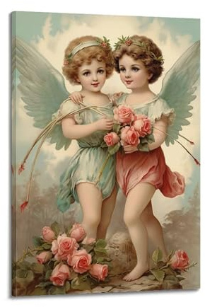 OKNGB Vintage-Engel-Poster mit zwei niedlichen kleinen Engeln, dekoratives Gemälde, Leinwand-Kunstbild, 20 x 30 cm