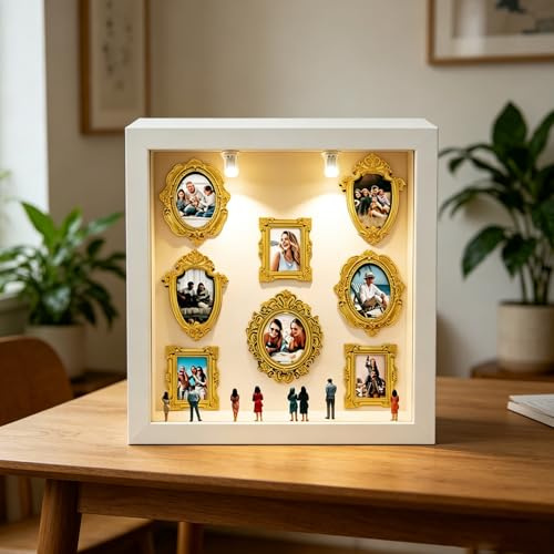 DIY Mini Museum Silhouette Box, Shadow Box Frame Kit with 8 Gold Mini Frames & Figurines, Mini Cornice Museo Personalizzata con luce a LED per anniversario, matrimonio, decorazione della casa