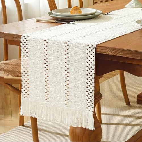 Becellen Beige Tischläufer Boho, Baumwolle und Leinen Tischläufer Makramee Hitzebeständig Abwaschbar Küche Esstisch Tisch Dekoration für Hochzeiten Drinnen Urlaub Dekor