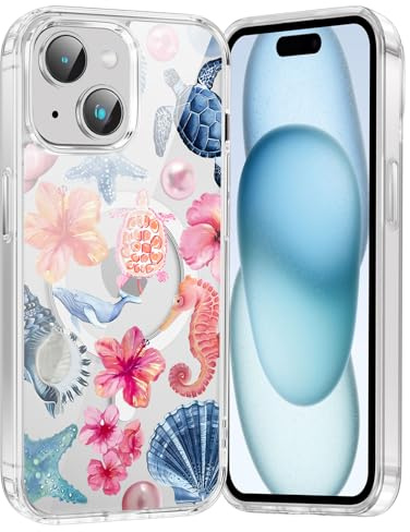 Saqmkil Handyhülle Magnetische für iPhone 15 Hülle, Aesthetic Sommer Meer Collage Muster Bunt Niedlich Mädchen Case Kompatibel mit MagSafe, Transparent Weich Silikon Stoßfeste Schutzhülle, 06