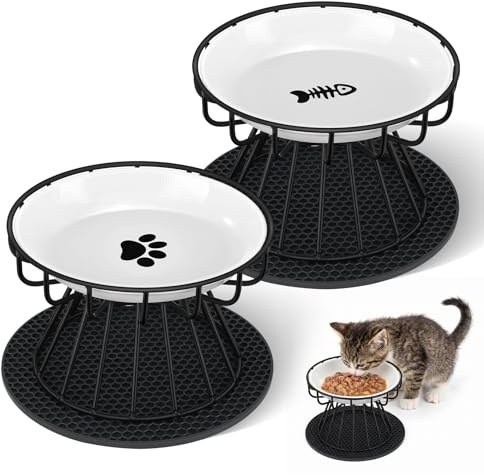 DESPOINA Set de 2 Comedero Gato Elevado, Comedero Elevado Gato de Cerámica, Plato Gato Plano con Soporte y Alfombrilla Antideslizante, Cuenco para Gatos Alivia Fatiga de los Bigotes, Negro