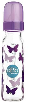Biberon Régul'Air 240 ml dBb Remond en verre - tétine silicone spéciale Nouveau Né anti-coliques - décor Papillons - violet translucide
