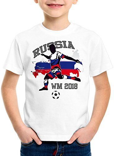 style3 WM 2018 Russland Kinder T-Shirt Fußball Weltmeisterschaft Trikot Russia, Farbe:Weiß, Größe:140