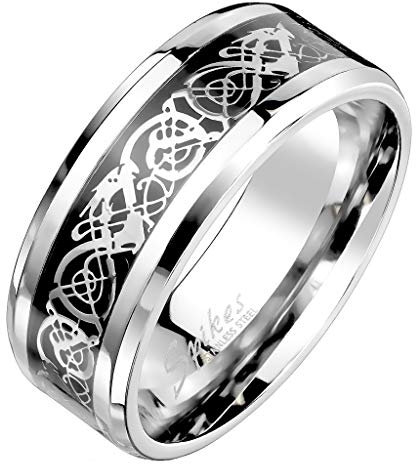 Paula & Fritz® Herrenring schwarzes Band keltischer Drachenstahl Freundschafts-Ring Damen-Ring Verlobungs-Ring Partnerring Edelstahl Chirurgenstahl 316L R-M6771_110