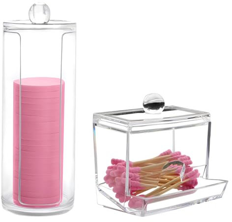2Pcs organizer trucchi,Cotton Fioc Box,Cuscinetto di Cotone Trasparente Box,Elegante Porta dischetti Struccanti in Plastica,Ideale per Bagno o Camera
