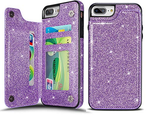 UEEBAI Case for iPhone 7 Plus 8 Plus, Premium Glitter PU Leather Case Back Wallet Cover [Two Magnetic Clasp] [Card Slots] Stand Function Durable Shockproof Soft TPU Case for iPhone 8 Plus - Purple#2