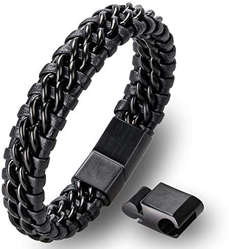HOOF Armband Herren | Echt-Leder-Edelstahl Schmuck Männer | Armreif geflochten | Edle Schachtel Box Etui | Personalisiertes Geschenk Rocker, Biker, Wikinger, Gothic, Punk B2(21cm - 22cm Schwarz