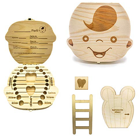 Caja de Madera para Dientes de Leche Bebe Ratoncito Pérez Español para Niño y Niña – Incluye Puerta Mágica y Escalera Ratoncito Pérez – Caja para Guardar Dientes Regalo Recién Nacidos. (Niño)