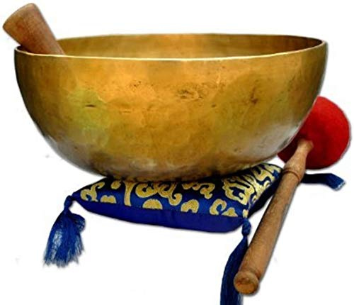 Bols chantants tibétains de l’Himalaya aux 7 métaux martelés, pour la prière de guérison, le yoga, avec maillet et coussin (28 cm)