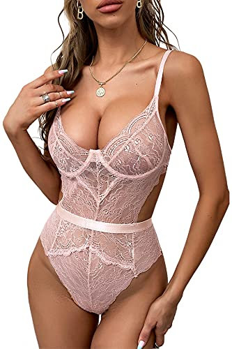 EVELIFE Body Donna Sexy Pizzo Lingerie Babydoll Uno Pezzo Teddy Lingerie Intima da Notte (Rosa nudo, S)