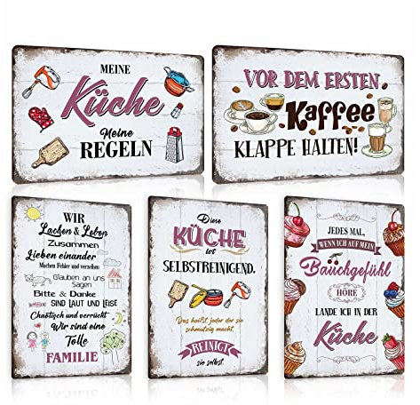 5er Set Retro Blechschild Küche mit Lustig Spruch - DIESE KÜCHE IST SELBSTREINIGEND - MEINE KÜCHE MEINE REGELN - Vintage Metallschild Wand-schild Küchen-deko als Geschenk und Familie Schild 20x30cm