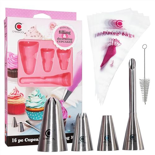 Cangool - Set di 16 sacchetti per decorazioni per cupcake con 4 punte per tubazioni, 12 sacchetti usa e getta, accessori per decorazione torte