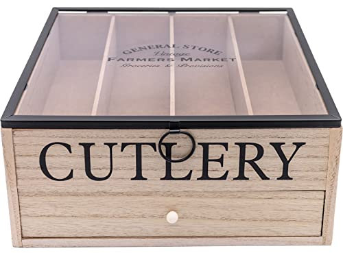Maison Des Cadeaux Vintage Wooden 5 Compartment Open Lid Cutlery Utensil Organiser Rack Holder