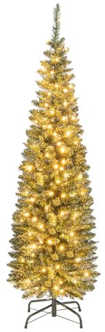 COSTWAY 5FT/6FT Pre-Lit Artificial Christmas Tree, Slim Pencil Xmas Tree with 296/390 Branch Tips, 150/180 Warm-White LED Lights and Foldable Metal Stand, Indoor Festive Holiday Party Decor(5FT)