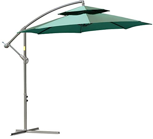 Outsunny 2.7m Garden Banana Parasol Cantilever Umbrella with Crank Handle, Double Tier Canopy and Cross Base for Outdoor, Hanging Sun Shade, Green