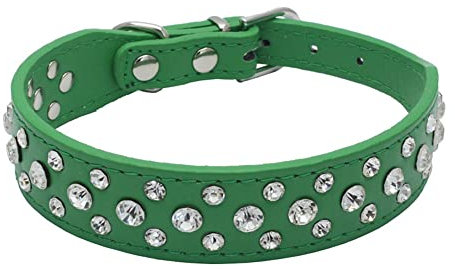 haoyueer Bling Strass PU Leder Kristall Diamant Haustier Hund Katze Welpe Halsband S M L XL (S, Grün)