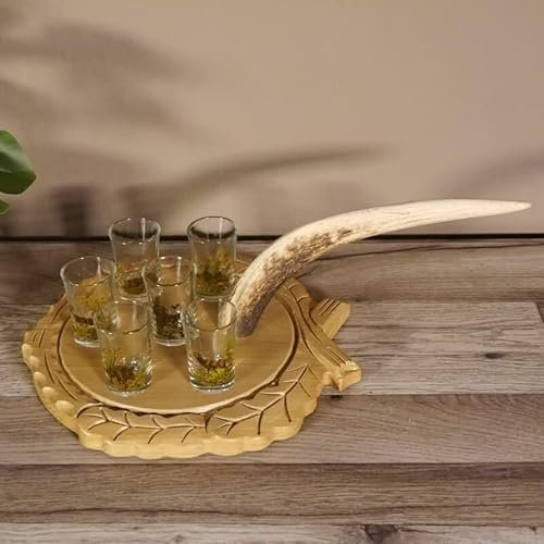 Schnaps Anbieter geschnitztes Schnapsbrett H13 cm Rothirsch Stange Geweih Griff mit 6 Stück Gläser hoch Jagdmotiv Tier Motiv #27.7.2.2