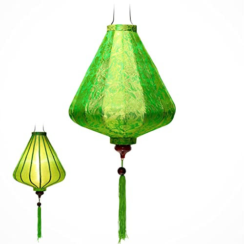Laterne Lampion Asiatische aus Seide Grün, T Ø35cm - Traditionelle Hoi An Hängelampe aus Stoff, Bambus und Holz - Dekoration und Handwerk aus Vietnam (A25-V)