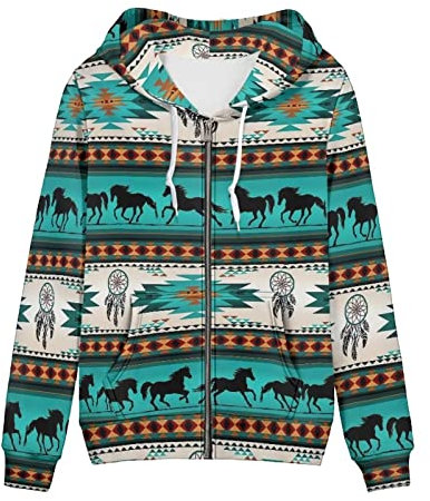 Biyejit Damen Neuheit Print Zip Up Hoodies Langarm Kapuzenpullover Sweatshirt Jacke mit Tasche, Türkis Azteken-Tribal-Pferd, S