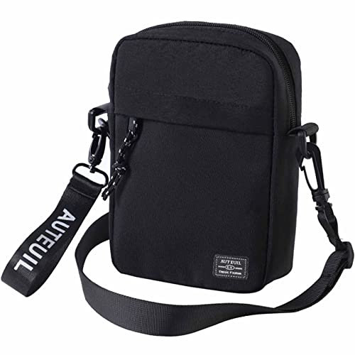 Pawleso Umhängetasche Herren, Schultertasche Klein Crossbody Bag 18 cm, 1.8 L, Schwarz Messenger Bag Nylon Kuriertasche Männer Tasche (Schwarz - mit Dekoratives Band)