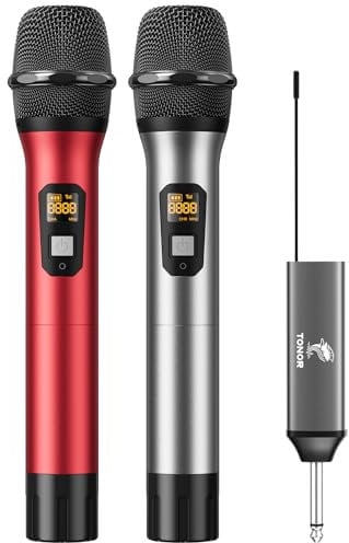 TONOR Microfono Senza Fili UHF Sistema Microfonico Dinamico a Doppio Cordless in Metallo con Ricevitore Ricaricabile,Set di Microfoni Wireless per Canto Karaoke, DJ, Festa,60m (TW630) Argento e Rosso