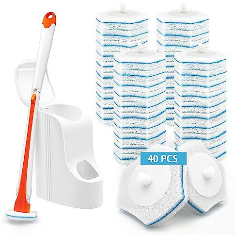 JEHONN Escobilla Baño Desechable WC, Cepillo para Inodoro con 40 Rellenos de Detergente, Toilet Brush Mango Largo Montado En La Pared, Adecuado para Piscina Fregona Lavabo