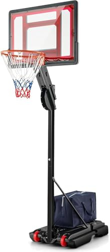 GYMAX Basketball Hoop and Stand, 10FT Portable Basketball Set with Backboard, Wheels, Stable Base & Secure Bag, 1.05-2.6M Height-Adjustable Basketball Hoop System for Outdoor Indoor