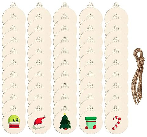 DARENYI Decorazioni Albero di Natale in Legno, Ornamenti Naturali, Dischi Rotondi Con Foro per Artigianato, DIY, Decorazione (50 Pezzi)